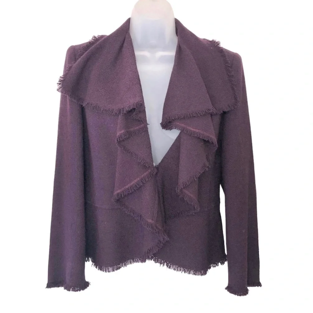 Lafayette 148 Blain Javanese Plum Wool Frayed Waterfall Blazer Jacket Size 4